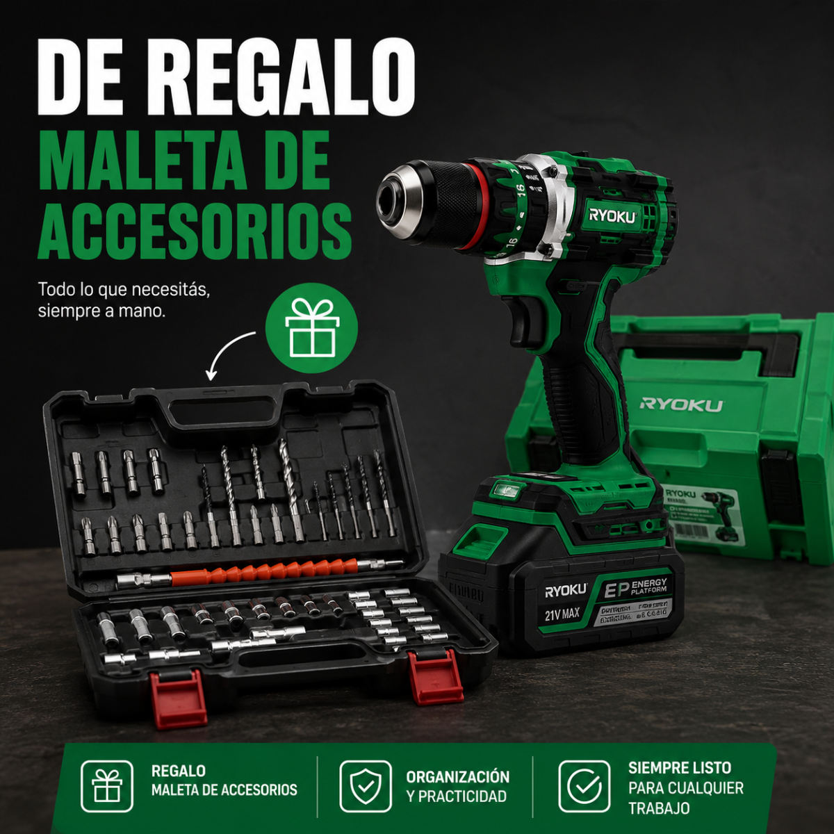 Kit Completo de Taladro y Atornillador Profesional AlphaCode + REGALO: 2 Baterías y Maletín con Accesorios