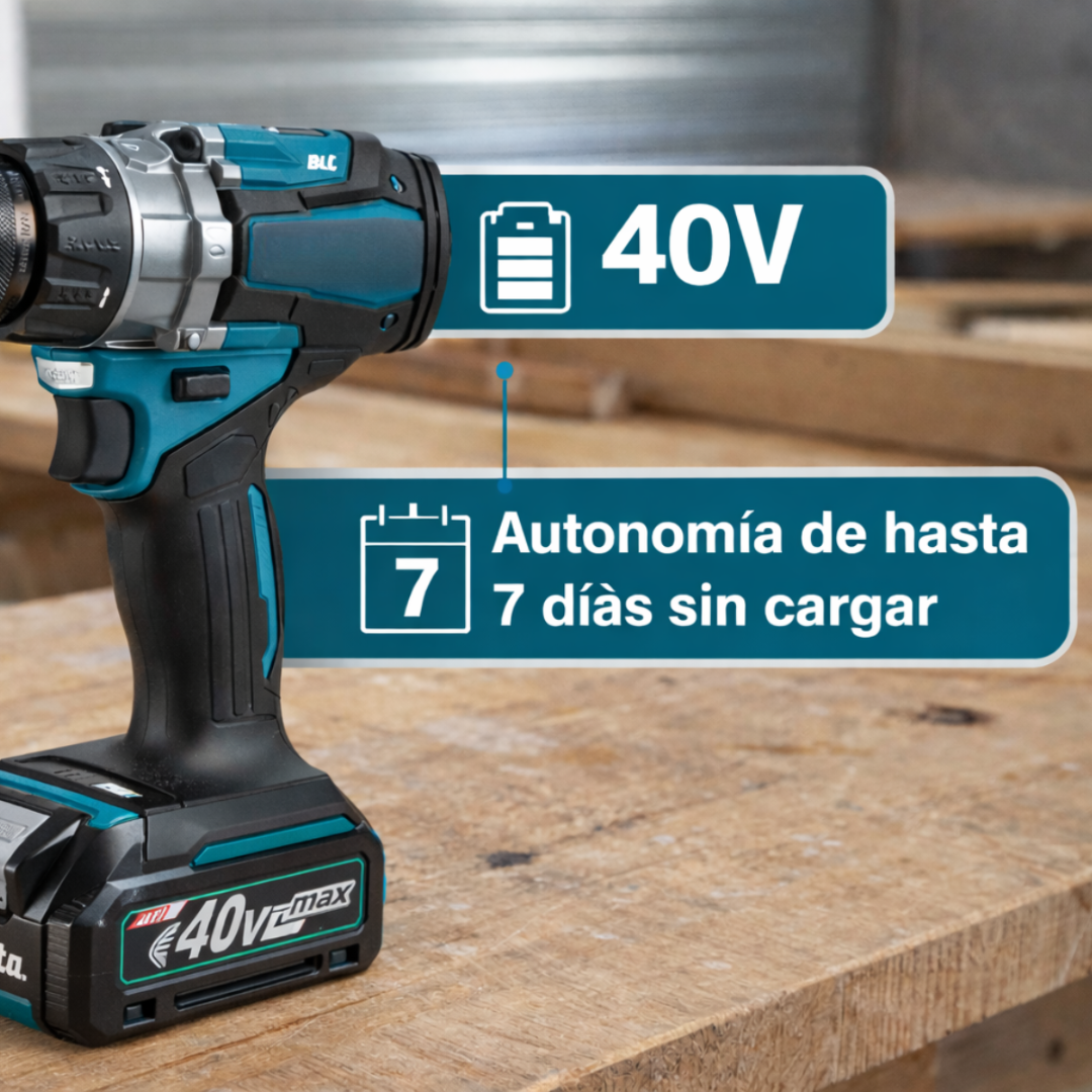 Kit Taladro y Atornillador Profesional 40V Titanium Completo + Maleta, Batería Extra, Base de Carga y Kit de Mechas