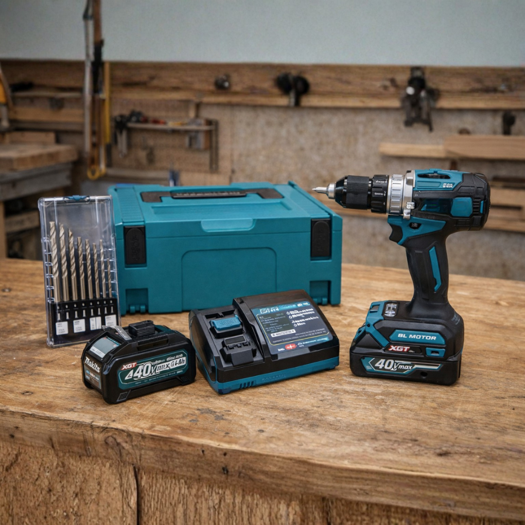Kit Taladro y Atornillador Profesional 40V Titanium Completo + Maleta, Batería Extra, Base de Carga y Kit de Mechas
